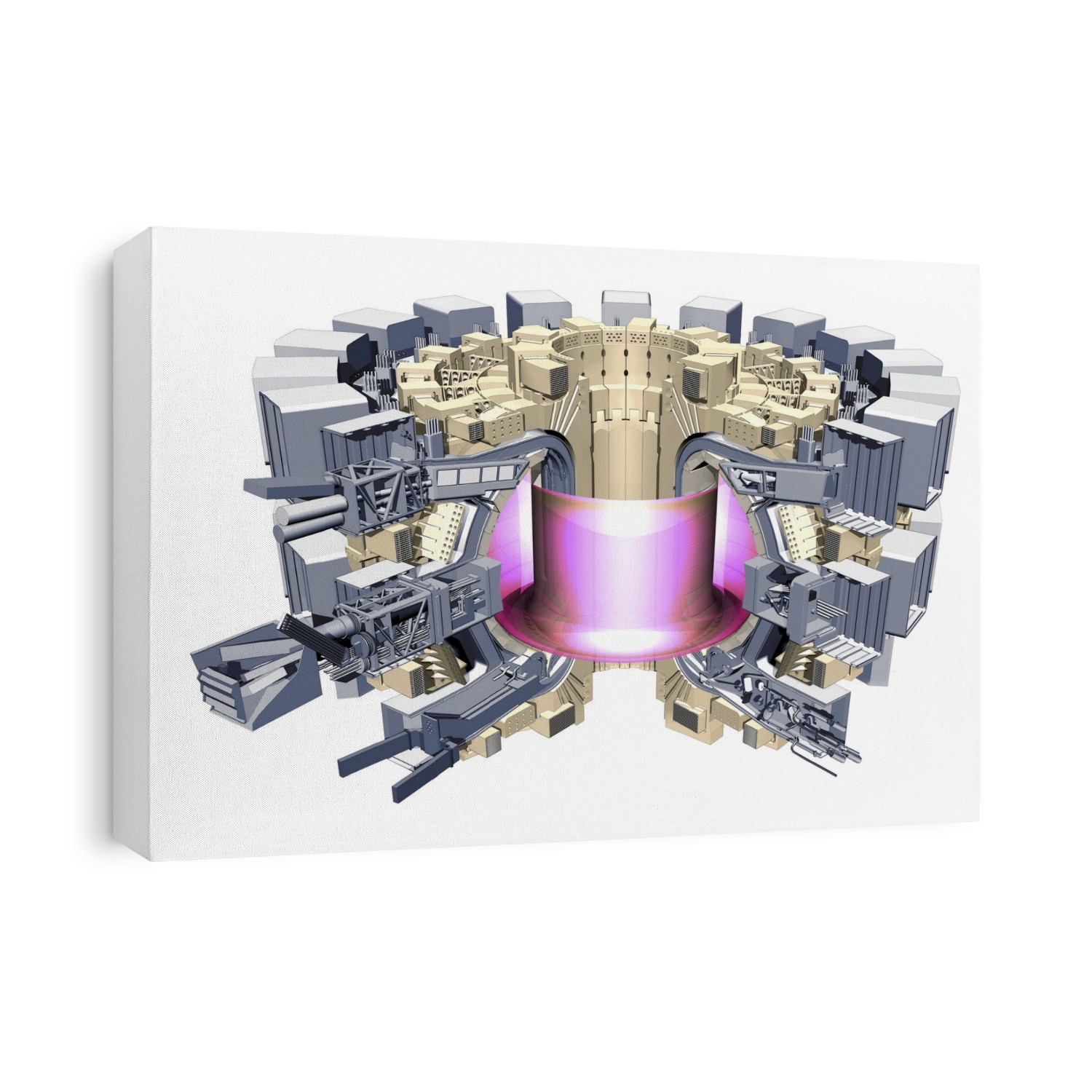 ITER fusion research reactor, computer illustration. ITER, the International Thermonuclear Experimental Reactor, is being designed to test the principles surrounding the generation of power from nuclear fusion, the energy source of stars. ITER comprises a toroidal (doughnut-shaped) chamber in which a plasma (pink) is contained by strong magnetic fields. A plasma is an ionised gas, and its ionisation makes it susceptible to electromagnetic fields. By magnetically compressing and igniting a plasma inside ITER, researchers hope to be able to study the best way of using it to generate electricity. Reactions are due to begin in 2016.