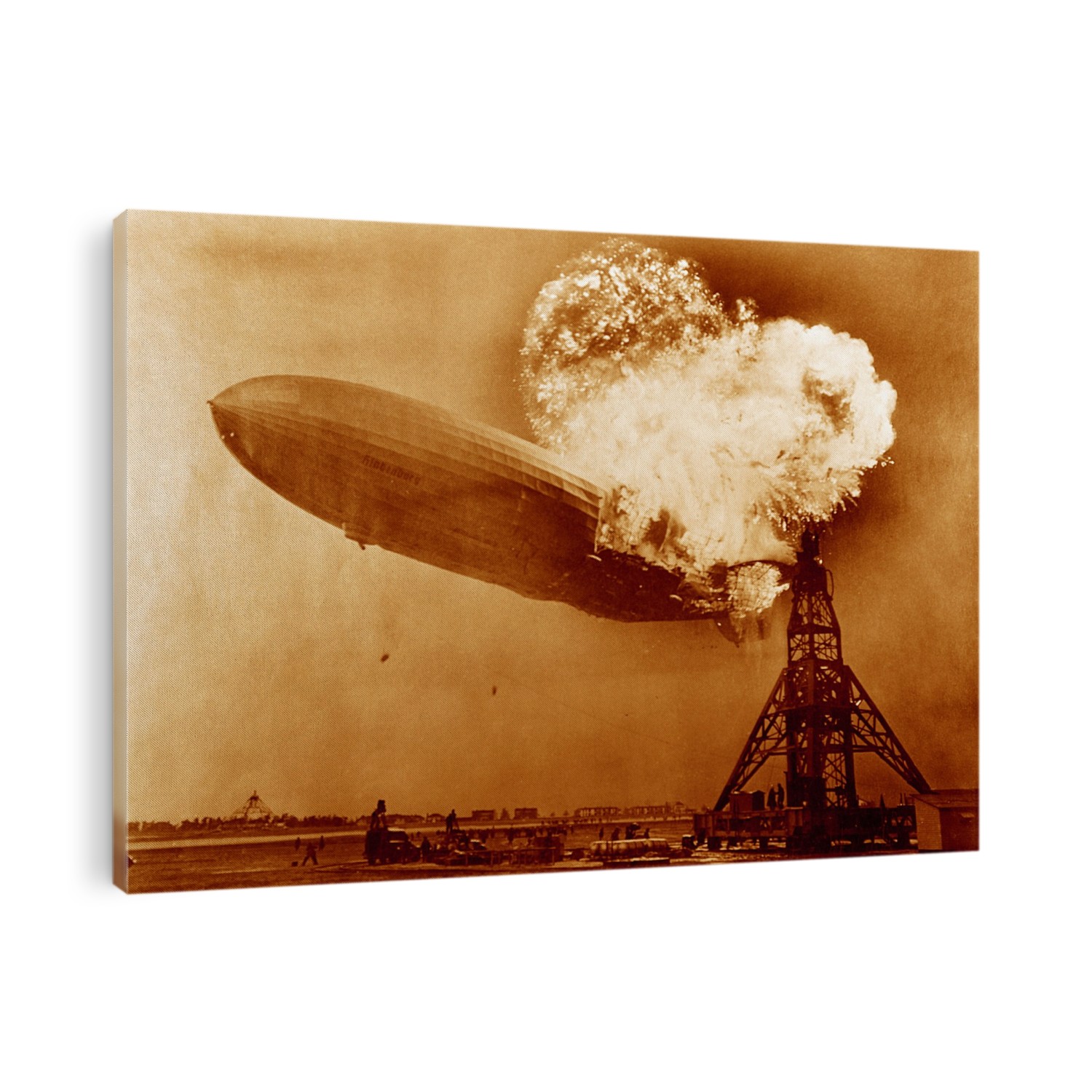 Hindenburg disaster, coloured image. View of the German airship Hindenburg (LZ 129) on fire over Naval Air Station (NAS) Lakehurst, New Jersey, USA, on 6th May 1937. This airship is famous for the Hindenburg disaster of 6th May 1937, when it caught fire and was destroyed during its attempt to dock with its mooring mast at NAS Lakehurst. Of the 97 crew and passengers on board 35 were killed, along with one member of the ground crew. The balloon was filled with hydrogen, a highly flammable gas. The cause of the accident has never been established but the disaster destroyed public confidence and marked the abrupt end of the airship era. Here the ships water ballast tanks (black dots, lower centre-left) can be seen falling.