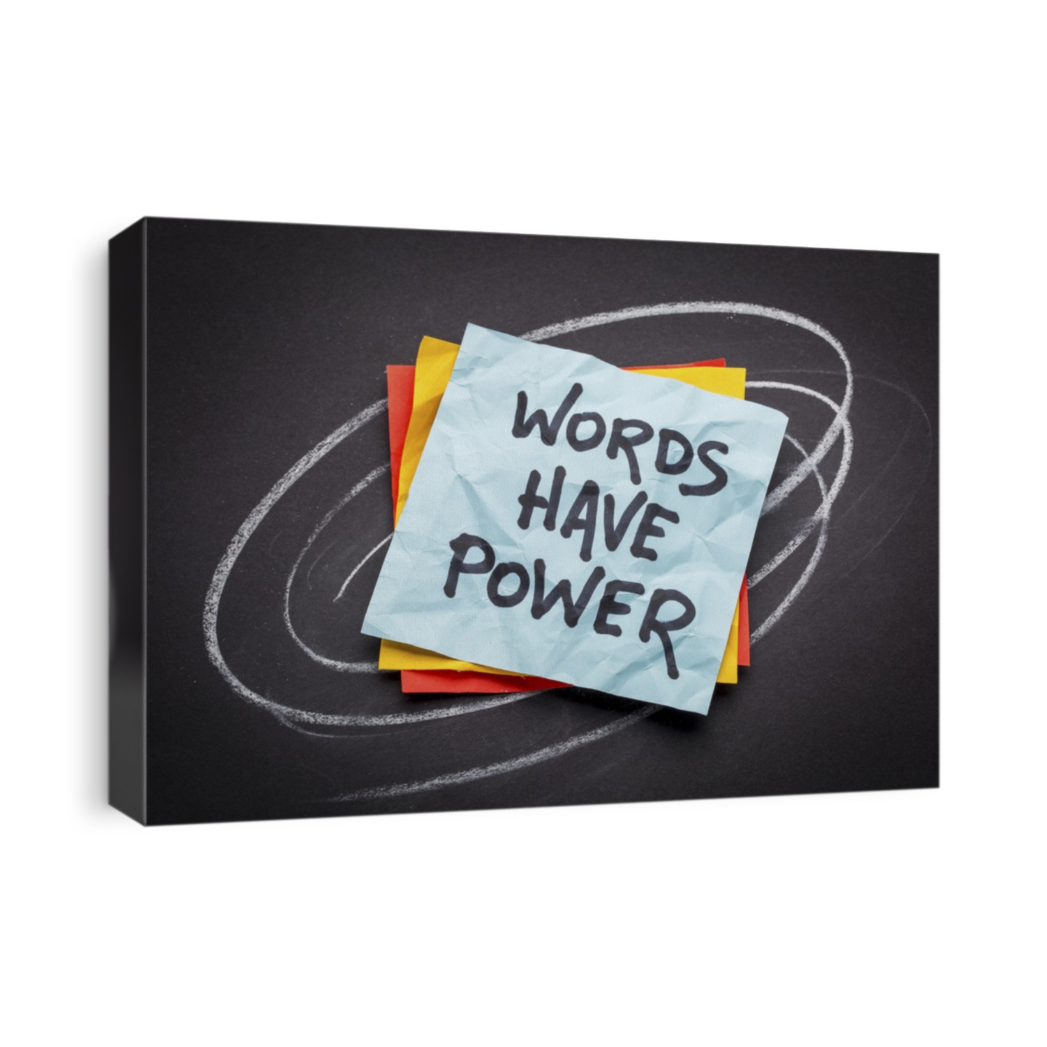 words have power - reminder on a sticky note against black paper
