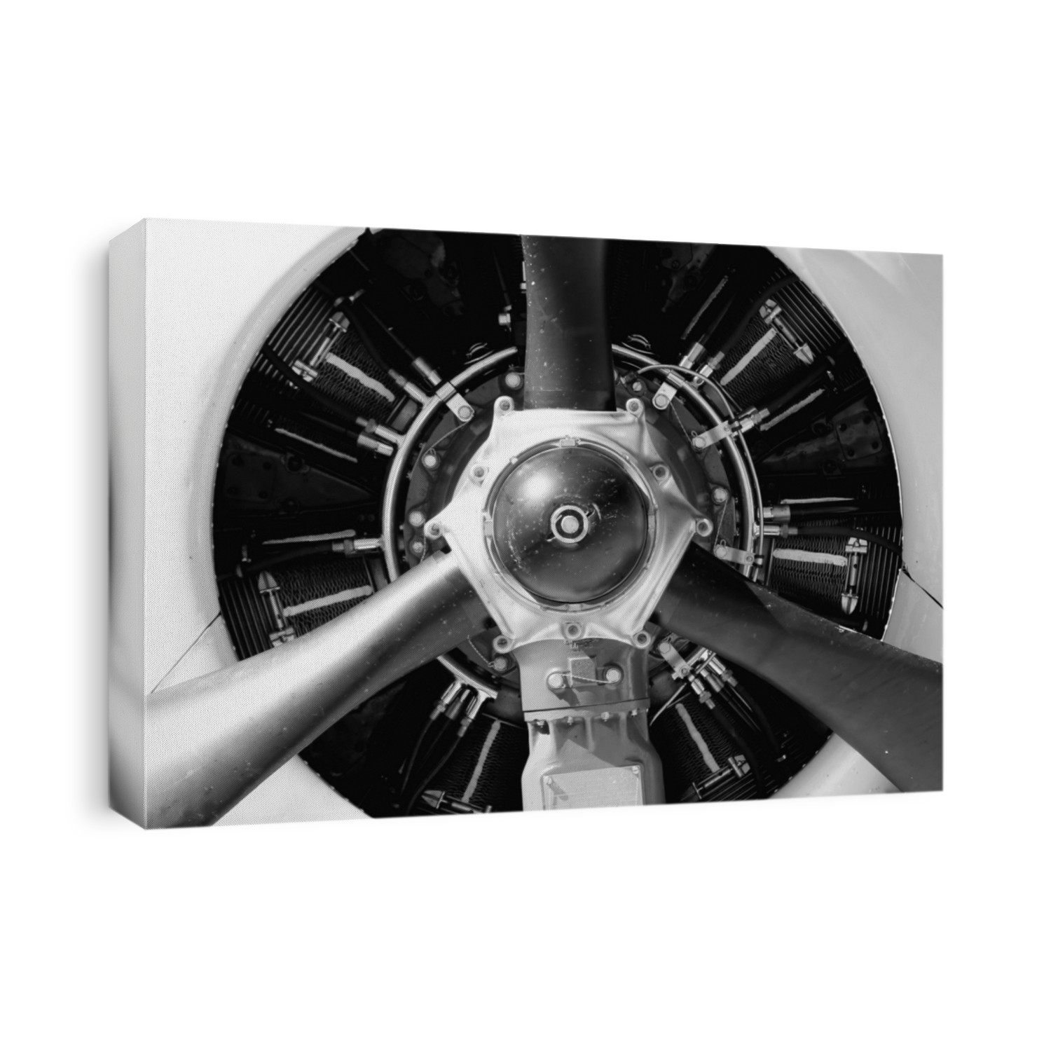 an old aircraft propeller engine, abstract frontal shot converted to b&w