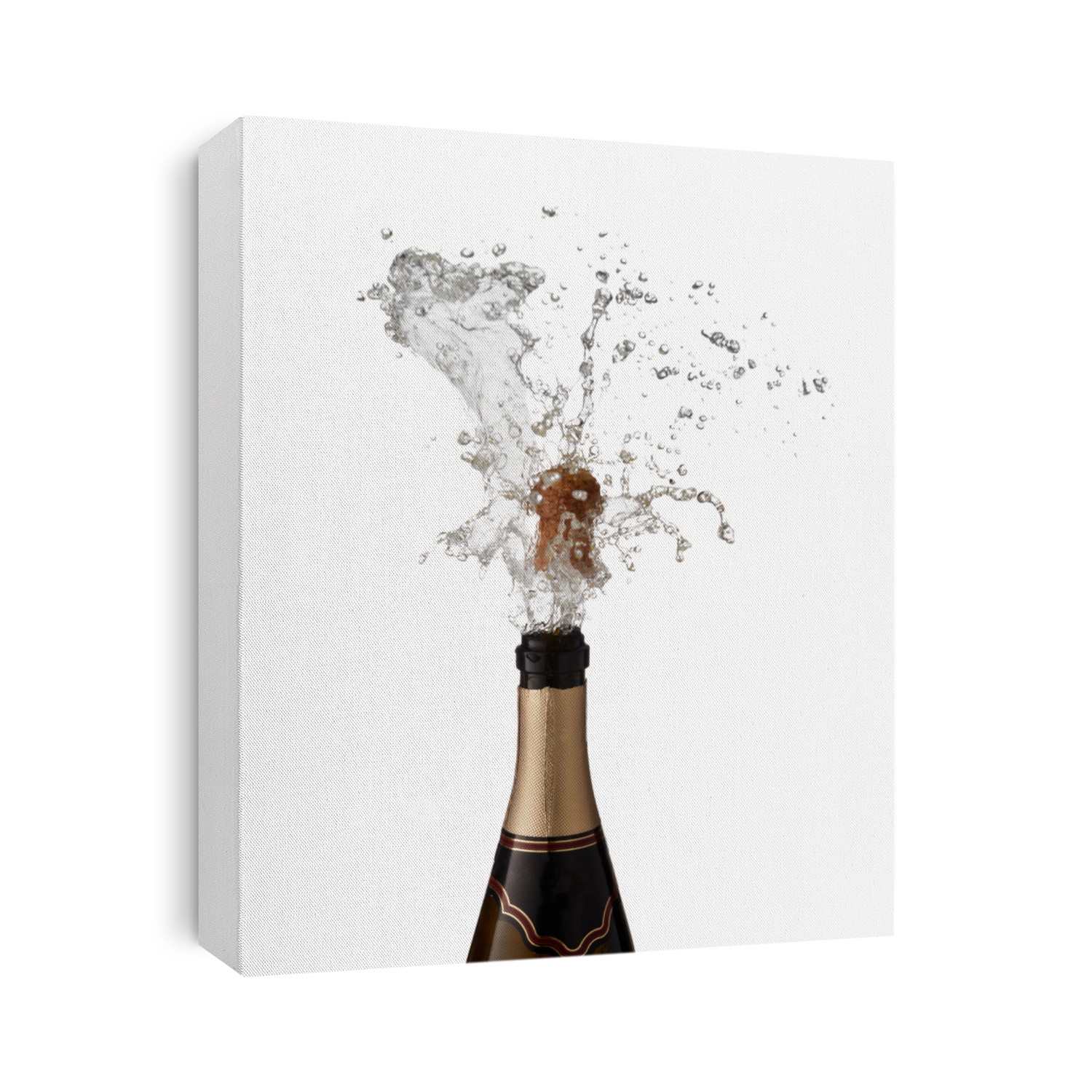 Explosion of splashing  sparkling wine with flying cork out of champagne bottle on a white background