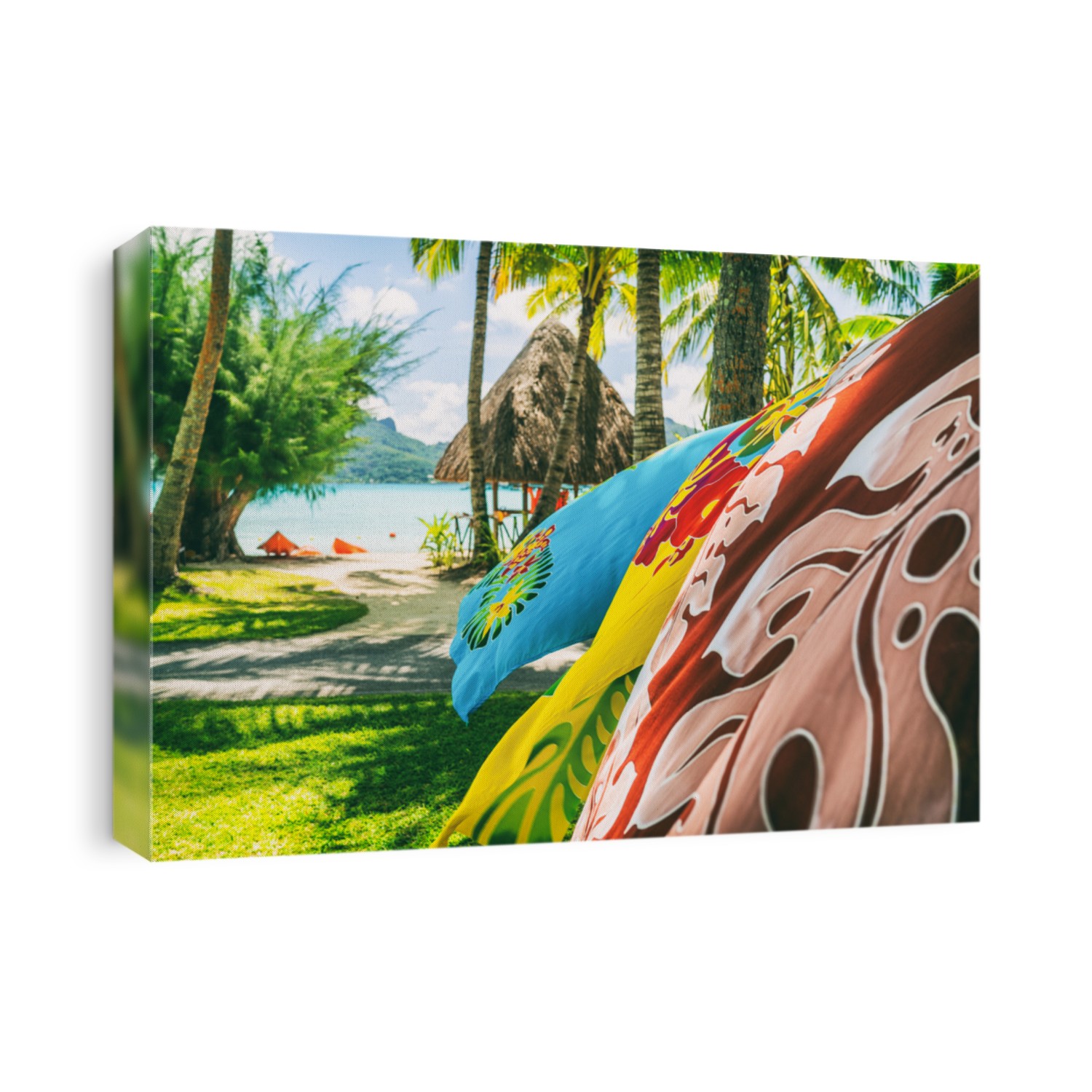 Tahiti vacation background saron pareo tahitian skirts flowing in the wind at beach resort souvenir shop of hotel. Sarong wrap skirt, Tahiti, French Polynesia. Handmade tourism souvenir.