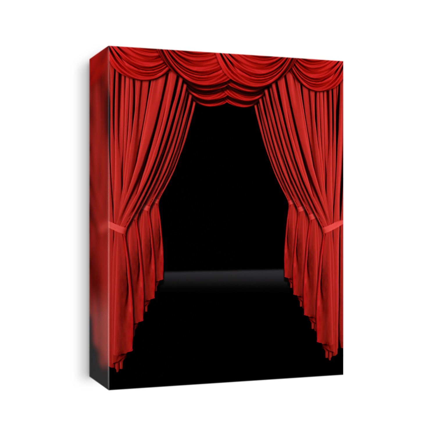 Vertical old fashioned elegant theater stage with velvet curtains leading upstage in an arch